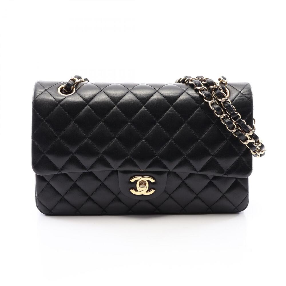 Chanel Matelasse Double Flap Shoulder Bag Lambskin Sheepskin Black